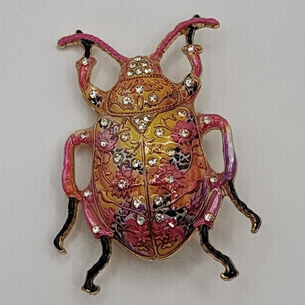 Enamel & Rhinestone Scarab Beetle Brooch Pin Floral Pattern in Pink & Yellow